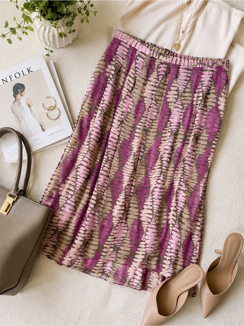 Alfani 100% Silk Abstract Print A-Line Midi Skirt Pink Purple Taupe Size 12
